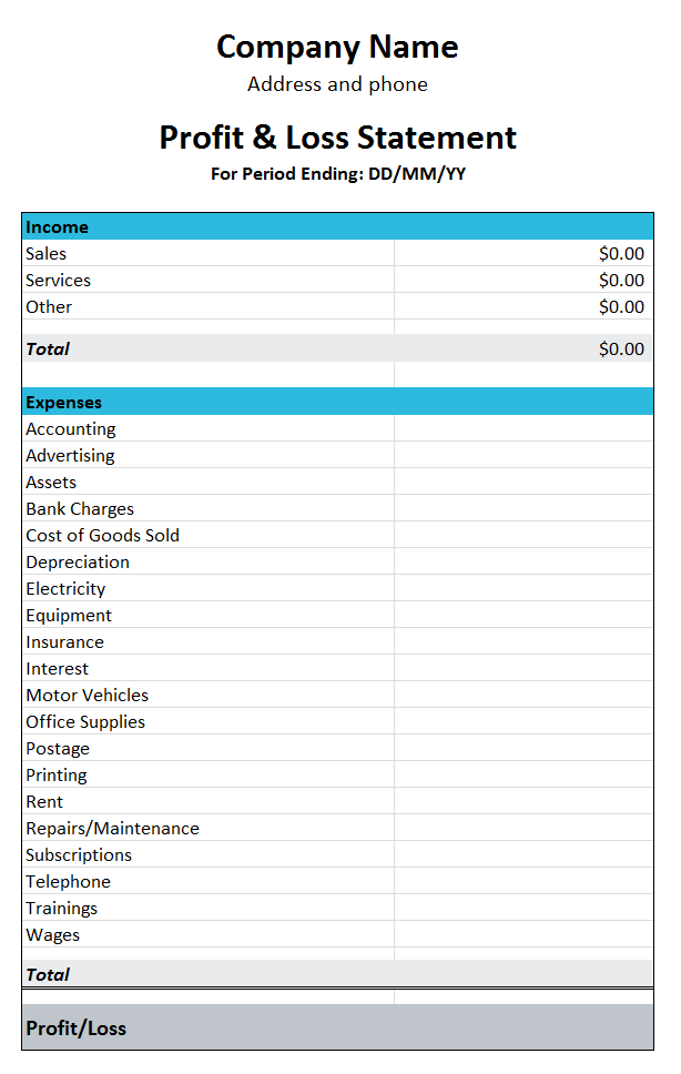 Profit and Loss Statement Template