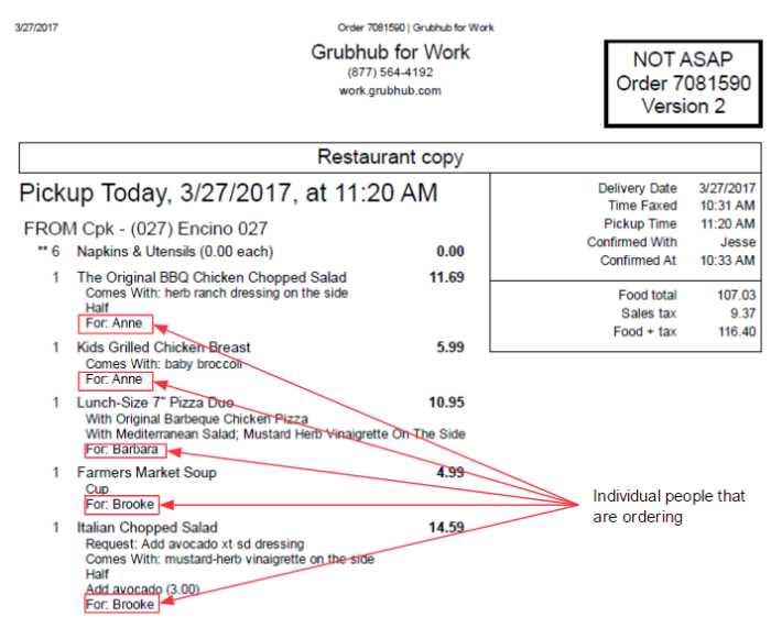 Grubhub for Work individual order