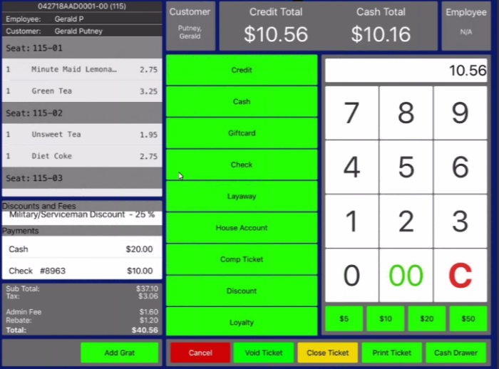 Paradise POS app order screen