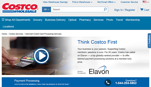 Costco merchant services homepage